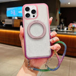 Custodia per telefono con supporto magnetico girevole e cinturino da polso, trasparente con effetto sfumato glitterato., For iPhone 17 Pro Max, For iPhone 17 Pro, For iPhone 17, For iPhone 16 Pro Max, For iPhone 16 Pro, For iPhone 15 Pro Max