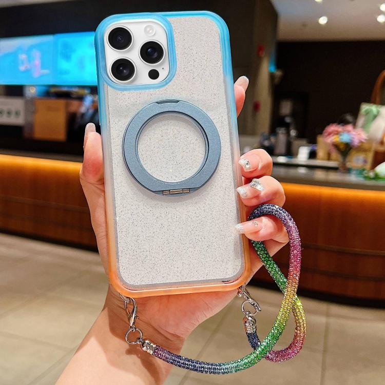 Custodia per telefono con supporto magnetico girevole e cinturino da polso, trasparente con effetto sfumato glitterato., For iPhone 17 Pro Max, For iPhone 17 Pro, For iPhone 17, For iPhone 16 Pro Max, For iPhone 16 Pro, For iPhone 15 Pro Max