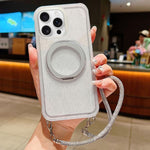 Custodia per telefono con supporto magnetico girevole e cinturino da polso, trasparente con effetto sfumato glitterato., For iPhone 15 Pro, For iPhone 15