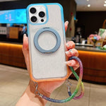 Custodia per telefono con supporto magnetico girevole e cinturino da polso, trasparente con effetto sfumato glitterato., For iPhone 15 Pro, For iPhone 15