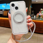 Custodia per telefono con supporto magnetico girevole e cinturino da polso, trasparente con effetto sfumato glitterato., For iPhone 15 Pro, For iPhone 15