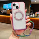 Custodia per telefono con supporto magnetico girevole e cinturino da polso, trasparente con effetto sfumato glitterato., For iPhone 15 Pro, For iPhone 15