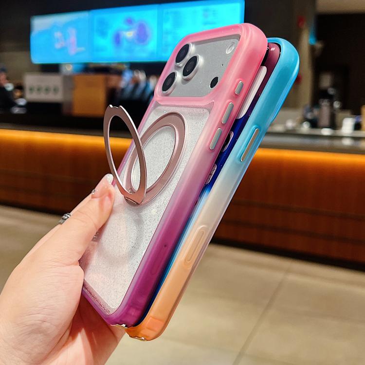 Custodia per telefono con supporto magnetico girevole e cinturino da polso, trasparente con effetto sfumato glitterato., For iPhone 15 Pro, For iPhone 15