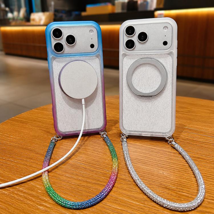 Custodia per telefono con supporto magnetico girevole e cinturino da polso, trasparente con effetto sfumato glitterato., For iPhone 17 Pro Max, For iPhone 17 Pro, For iPhone 17, For iPhone 16 Pro Max, For iPhone 16 Pro, For iPhone 15 Pro Max
