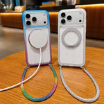 Custodia per telefono con supporto magnetico girevole e cinturino da polso, trasparente con effetto sfumato glitterato., For iPhone 15 Pro, For iPhone 15