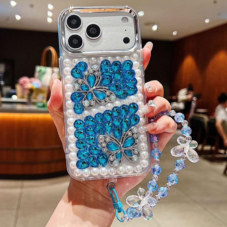 Custodia per telefono in acrilico con perle, doppia farfalla e strass, realizzata a mano, con catenina da polso., For iPhone 17 Pro Max, For iPhone 17 Pro, For iPhone 17, For iPhone 16 Pro Max