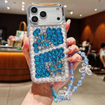 Custodia per telefono in acrilico con perle, doppia farfalla e strass, realizzata a mano, con catenina da polso., For iPhone 17 Pro Max, For iPhone 17 Pro, For iPhone 17, For iPhone 16 Pro Max