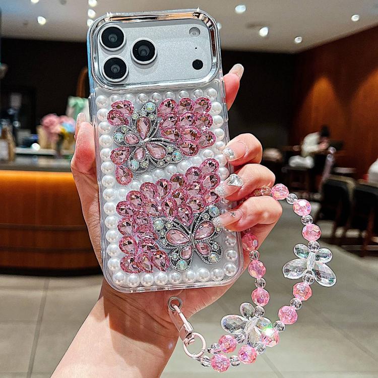 Custodia per telefono in acrilico con perle, doppia farfalla e strass, realizzata a mano, con catenina da polso., For iPhone 17 Pro Max, For iPhone 17 Pro, For iPhone 17, For iPhone 16 Pro Max
