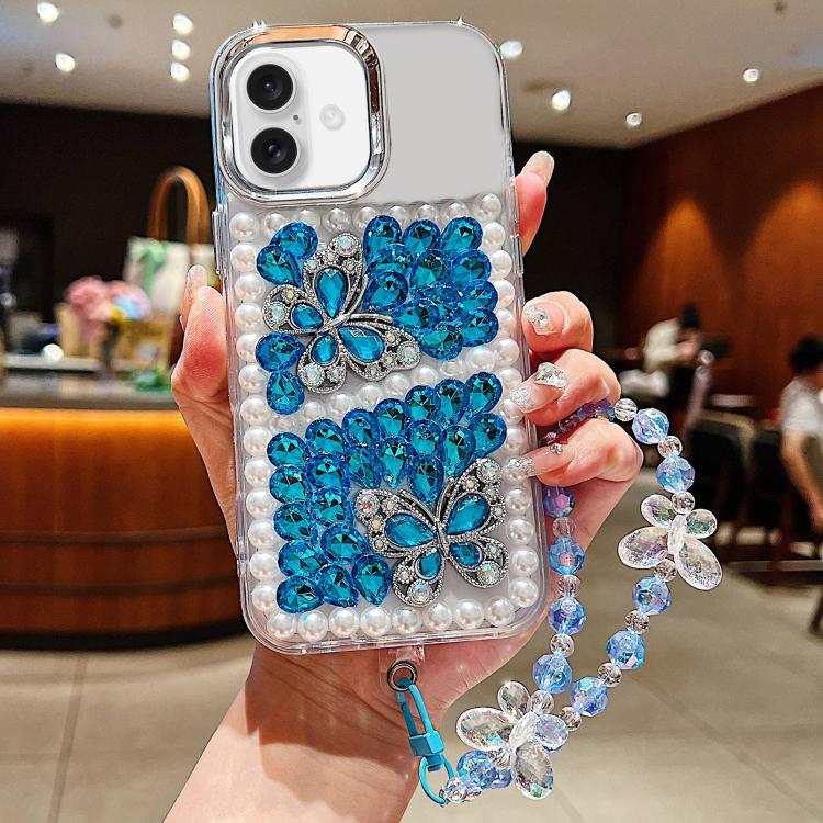 Custodia per telefono in acrilico con perle, doppia farfalla e strass, realizzata a mano, con catenina da polso., For iPhone 17 Pro Max, For iPhone 17 Pro, For iPhone 17, For iPhone 16 Pro Max