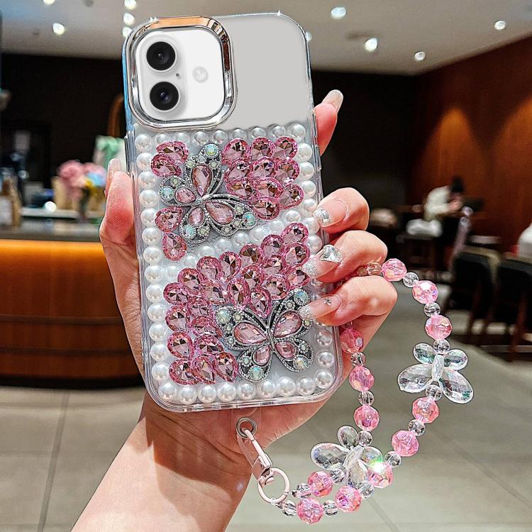 Custodia per telefono in acrilico con perle, doppia farfalla e strass, realizzata a mano, con catenina da polso., For iPhone 17 Pro Max, For iPhone 17 Pro, For iPhone 17, For iPhone 16 Pro Max