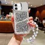 Custodia per telefono in acrilico con perle, doppia farfalla e strass, realizzata a mano, con catenina da polso., For iPhone 17 Pro Max, For iPhone 17 Pro, For iPhone 17, For iPhone 16 Pro Max