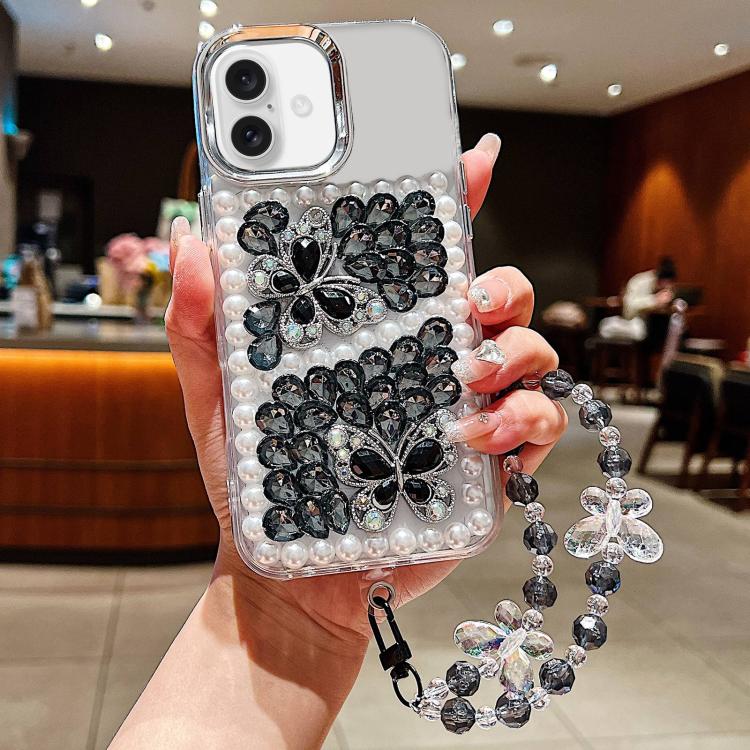 Custodia per telefono in acrilico con perle, doppia farfalla e strass, realizzata a mano, con catenina da polso., For iPhone 17 Pro Max, For iPhone 17 Pro, For iPhone 17, For iPhone 16 Pro Max