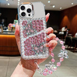Custodia per telefono in acrilico con perle, doppia farfalla e strass, realizzata a mano, con catenina da polso., For iPhone 17 Pro Max, For iPhone 17 Pro, For iPhone 17, For iPhone 16 Pro Max