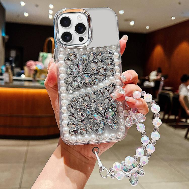 Custodia per telefono in acrilico con perle, doppia farfalla e strass, realizzata a mano, con catenina da polso., For iPhone 17 Pro Max, For iPhone 17 Pro, For iPhone 17, For iPhone 16 Pro Max