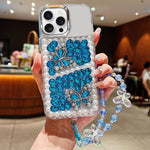 Custodia per telefono in acrilico con perle, doppia farfalla e strass, realizzata a mano, con catenina da polso., For iPhone 15 Pro Max