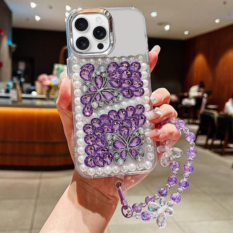 Custodia per telefono in acrilico con perle, doppia farfalla e strass, realizzata a mano, con catenina da polso., For iPhone 15 Pro Max