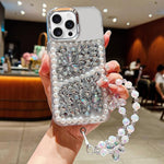 Custodia per telefono in acrilico con perle, doppia farfalla e strass, realizzata a mano, con catenina da polso., For iPhone 15 Pro Max
