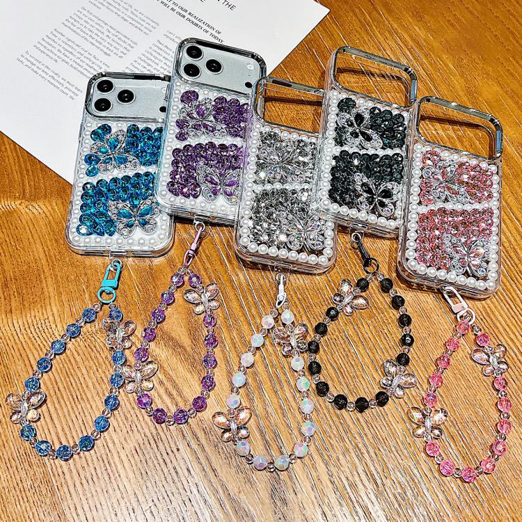 Custodia per telefono in acrilico con perle, doppia farfalla e strass, realizzata a mano, con catenina da polso., For iPhone 17 Pro Max, For iPhone 17 Pro, For iPhone 17, For iPhone 16 Pro Max