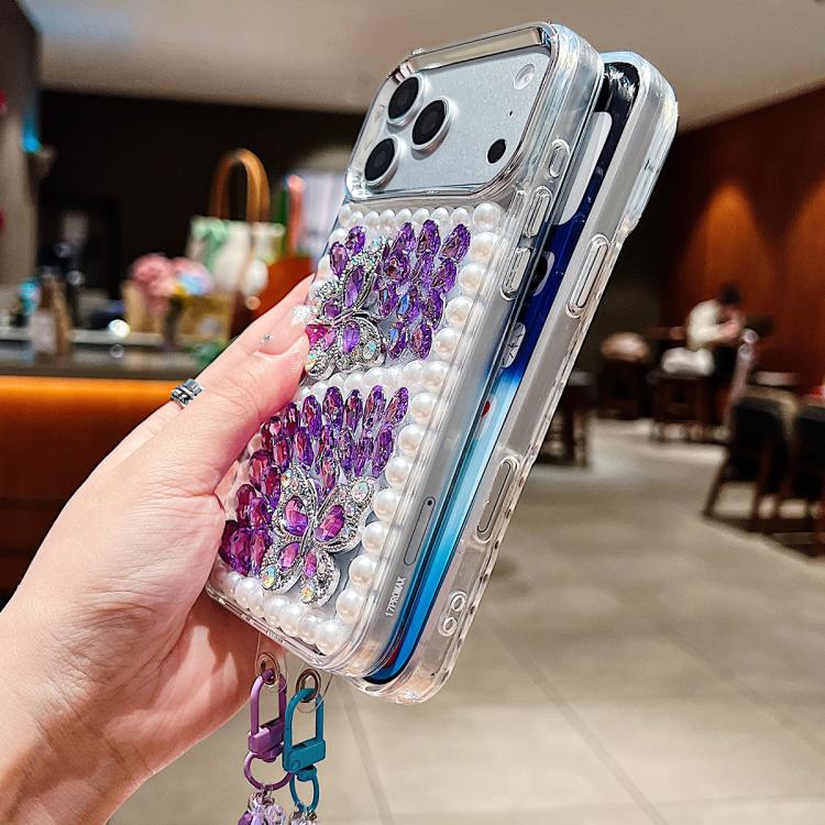 Custodia per telefono in acrilico con perle, doppia farfalla e strass, realizzata a mano, con catenina da polso., For iPhone 17 Pro Max, For iPhone 17 Pro, For iPhone 17, For iPhone 16 Pro Max