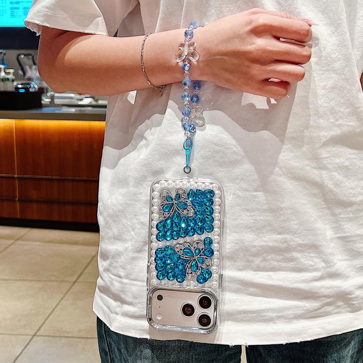 Custodia per telefono in acrilico con perle, doppia farfalla e strass, realizzata a mano, con catenina da polso., For iPhone 17 Pro Max, For iPhone 17 Pro, For iPhone 17, For iPhone 16 Pro Max