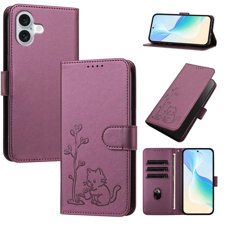 Custodia per telefono in ecopelle con fibbia a forma di albero e gatto YX0014, con cordino., For iPhone 16 Pro, For iPhone 16 Plus