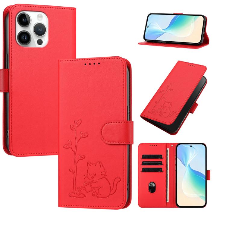Custodia per telefono in ecopelle con fibbia a forma di albero e gatto YX0014, con cordino., For iPhone 15 Pro, For iPhone 15 Plus