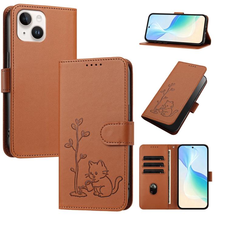 Custodia per telefono in ecopelle con fibbia a forma di albero e gatto YX0014, con cordino., For iPhone 15 Pro, For iPhone 15 Plus