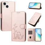 Custodia per telefono in ecopelle con fibbia a forma di albero e gatto YX0014, con cordino., For iPhone 15, For iPhone 14 Plus