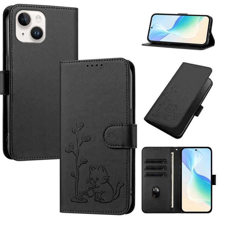 Custodia per telefono in ecopelle con fibbia a forma di albero e gatto YX0014, con cordino., For iPhone 14, For iPhone 14 Pro