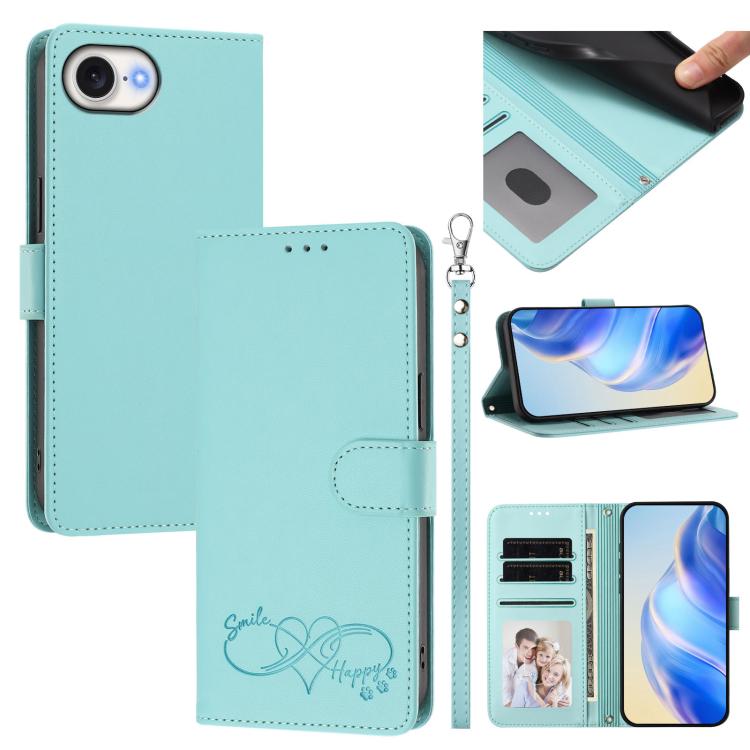 Custodia per telefono in ecopelle con chiusura magnetica e cinturino da polso, con motivo a cuoricini felici., For iPhone 17e / 16e, For iPhone 17 Pro Max