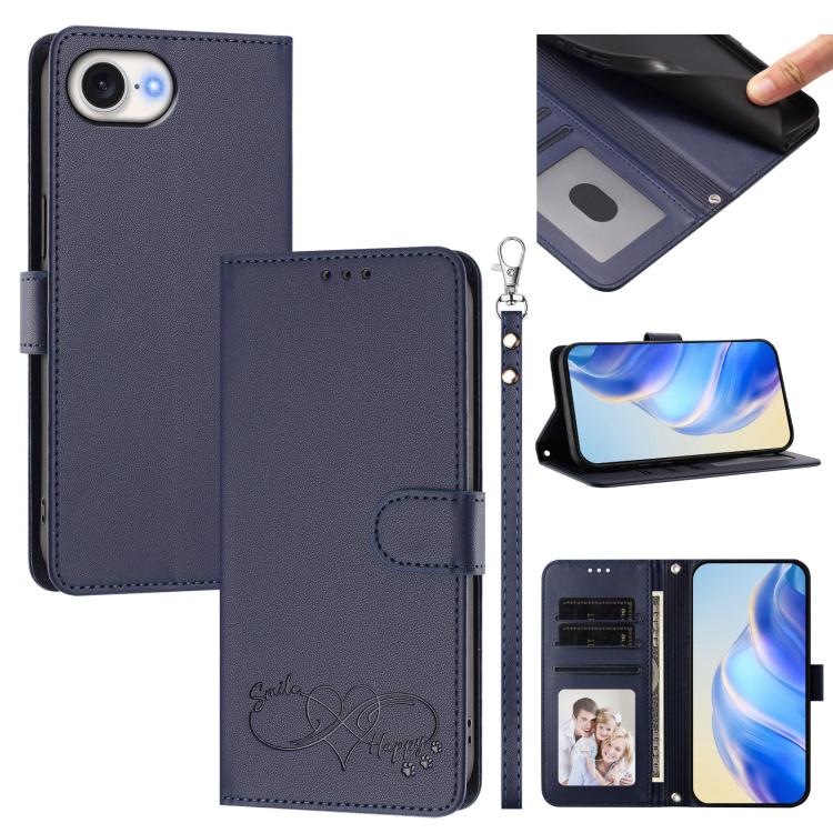 Custodia per telefono in ecopelle con chiusura magnetica e cinturino da polso, con motivo a cuoricini felici., For iPhone 17e / 16e, For iPhone 17 Pro Max