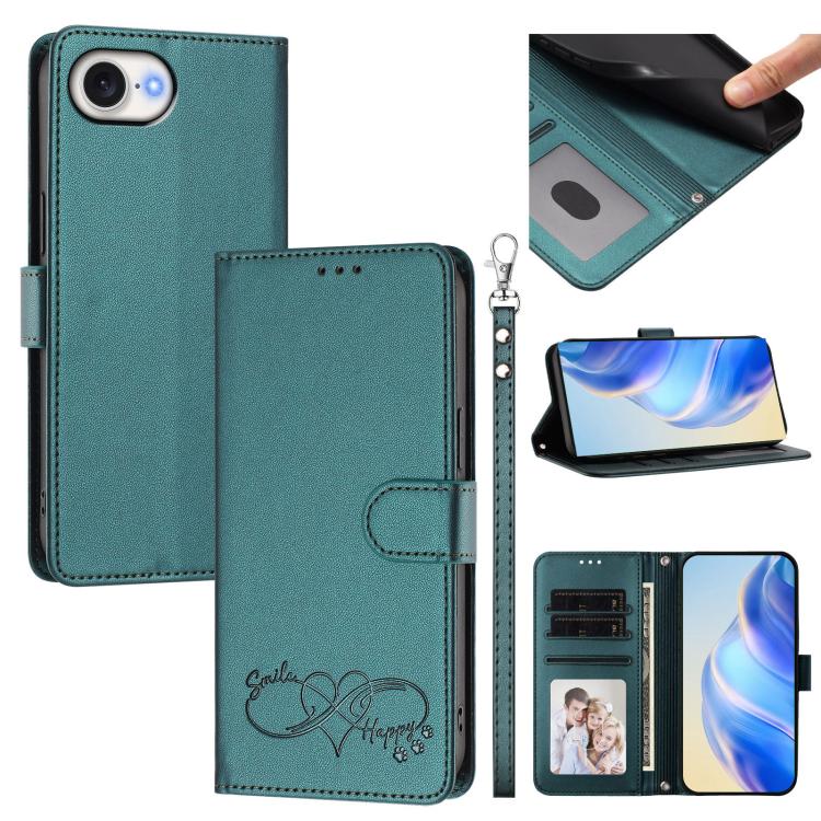 Custodia per telefono in ecopelle con chiusura magnetica e cinturino da polso, con motivo a cuoricini felici., For iPhone 17e / 16e, For iPhone 17 Pro Max