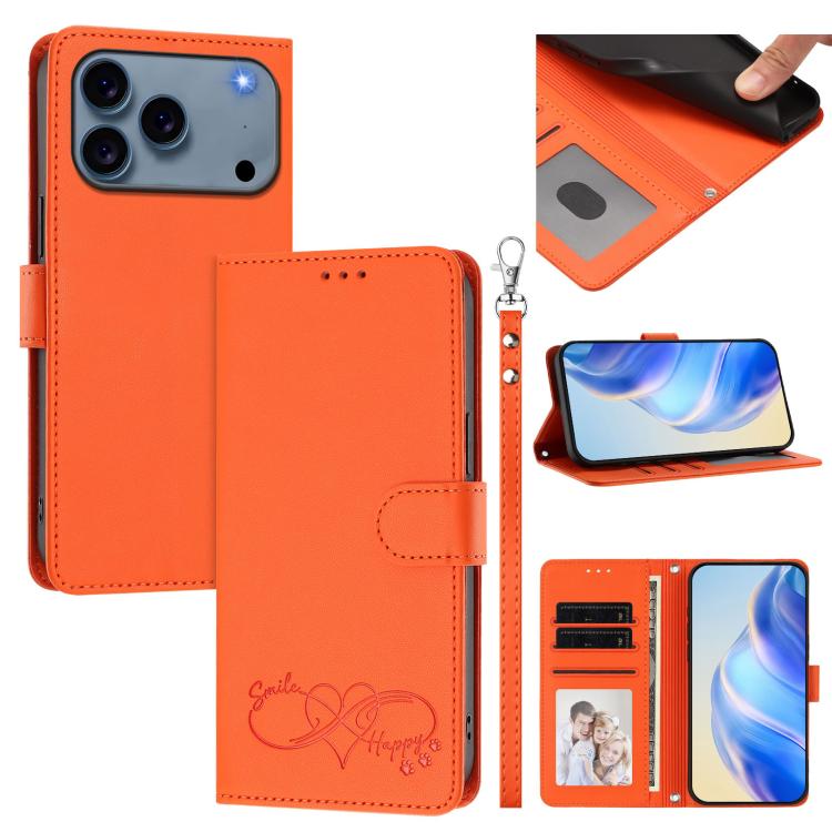 Custodia per telefono in ecopelle con chiusura magnetica e cinturino da polso, con motivo a cuoricini felici., For iPhone 17e / 16e, For iPhone 17 Pro Max