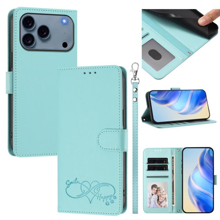 Custodia per telefono in ecopelle con chiusura magnetica e cinturino da polso, con motivo a cuoricini felici., For iPhone 17e / 16e, For iPhone 17 Pro Max