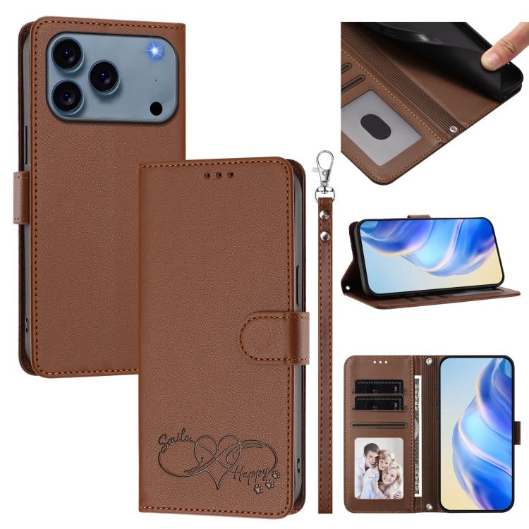 Custodia per telefono in ecopelle con chiusura magnetica e cinturino da polso, con motivo a cuoricini felici., For iPhone 17e / 16e, For iPhone 17 Pro Max