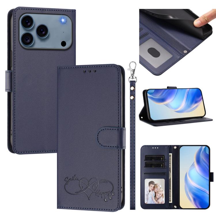 Custodia per telefono in ecopelle con chiusura magnetica e cinturino da polso, con motivo a cuoricini felici., For iPhone 17e / 16e, For iPhone 17 Pro Max