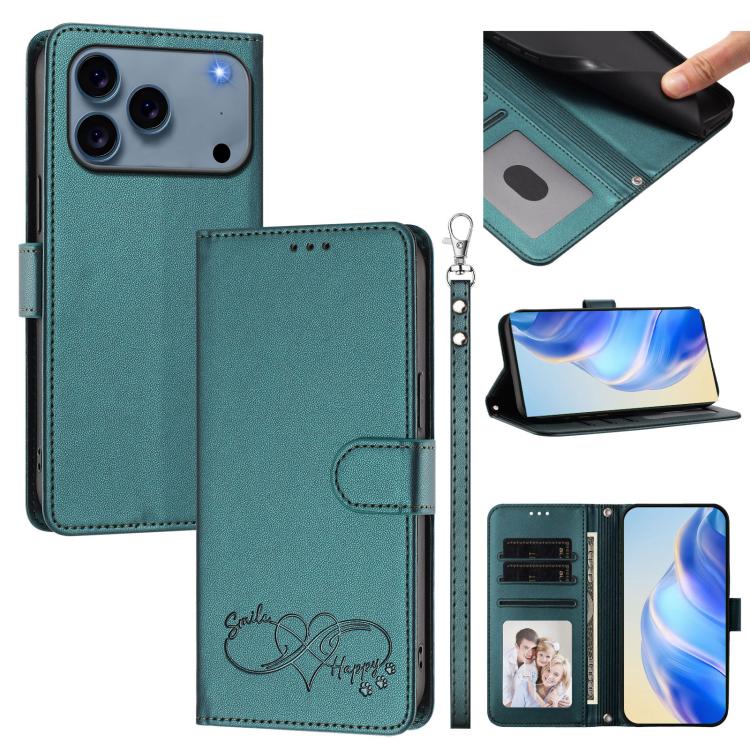 Custodia per telefono in ecopelle con chiusura magnetica e cinturino da polso, con motivo a cuoricini felici., For iPhone 17e / 16e, For iPhone 17 Pro Max