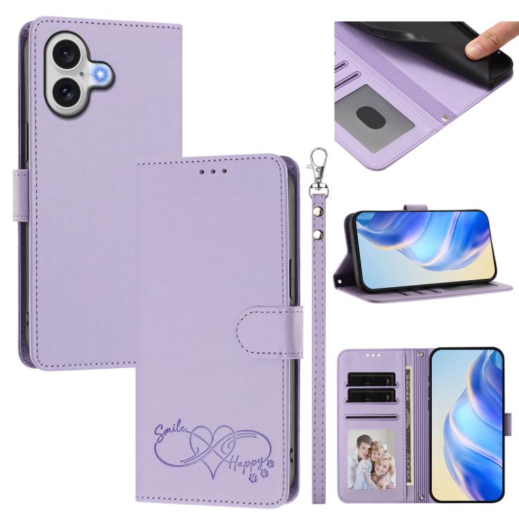 Custodia per telefono in ecopelle con chiusura magnetica e cinturino da polso, con motivo a cuoricini felici., For iPhone 17 Pro, For iPhone 17