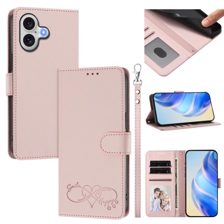 Custodia per telefono in ecopelle con chiusura magnetica e cinturino da polso, con motivo a cuoricini felici., For iPhone 17 Pro, For iPhone 17