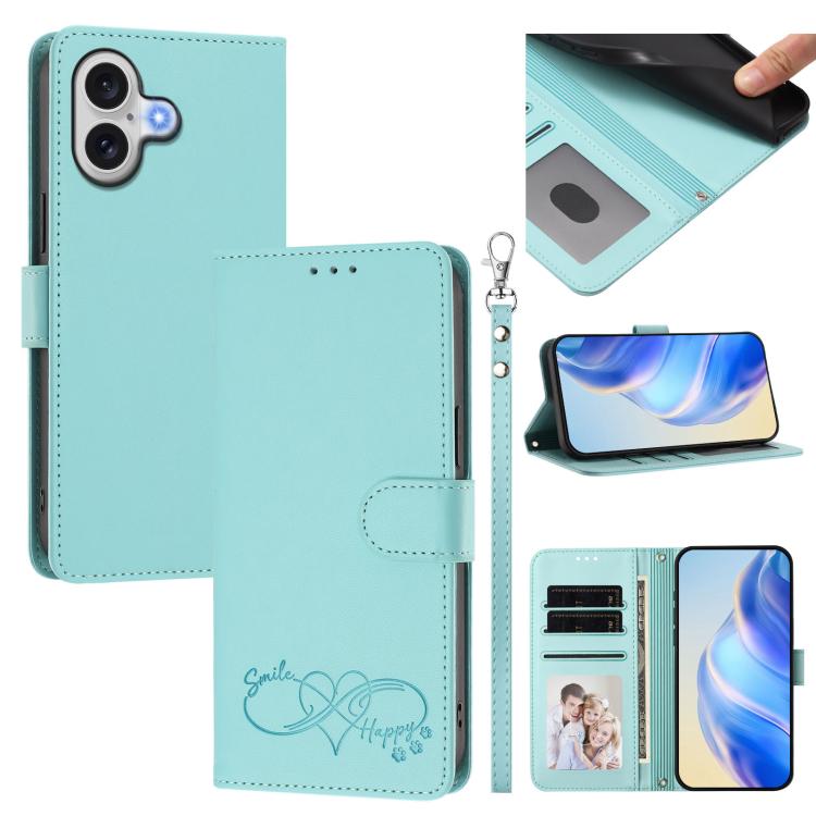 Custodia per telefono in ecopelle con chiusura magnetica e cinturino da polso, con motivo a cuoricini felici., For iPhone 17 Pro, For iPhone 17