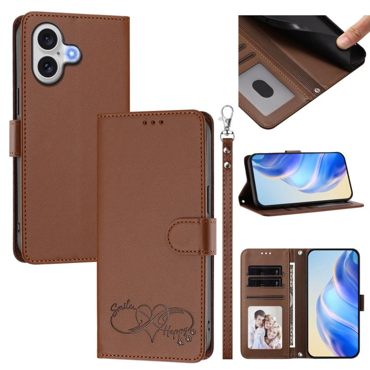 Custodia per telefono in ecopelle con chiusura magnetica e cinturino da polso, con motivo a cuoricini felici., For iPhone 17 Pro, For iPhone 17