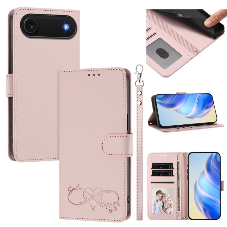 Custodia per telefono in ecopelle con chiusura magnetica e cinturino da polso, con motivo a cuoricini felici., For iPhone Air, For iPhone 16 Pro Max