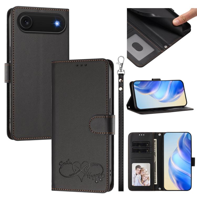 Custodia per telefono in ecopelle con chiusura magnetica e cinturino da polso, con motivo a cuoricini felici., For iPhone Air, For iPhone 16 Pro Max
