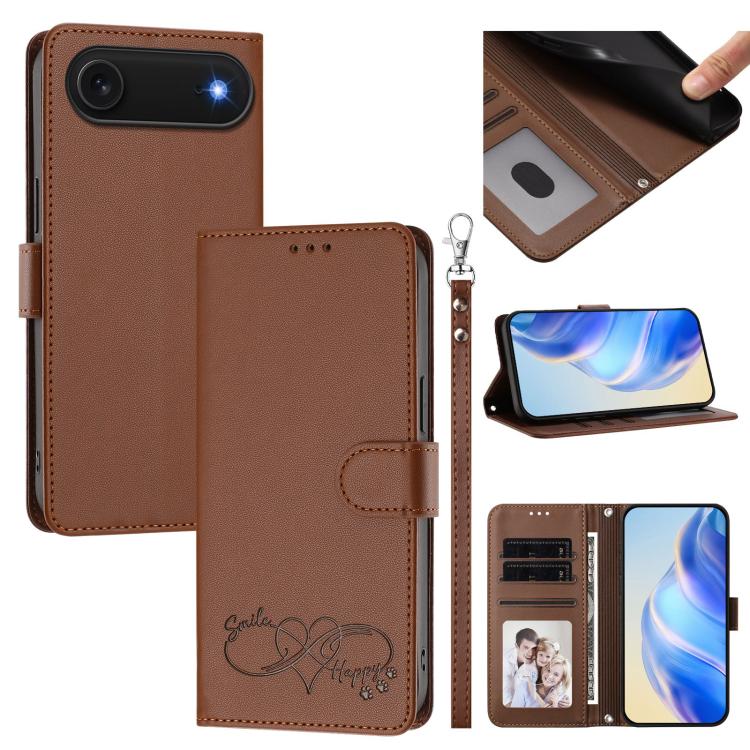 Custodia per telefono in ecopelle con chiusura magnetica e cinturino da polso, con motivo a cuoricini felici., For iPhone Air, For iPhone 16 Pro Max