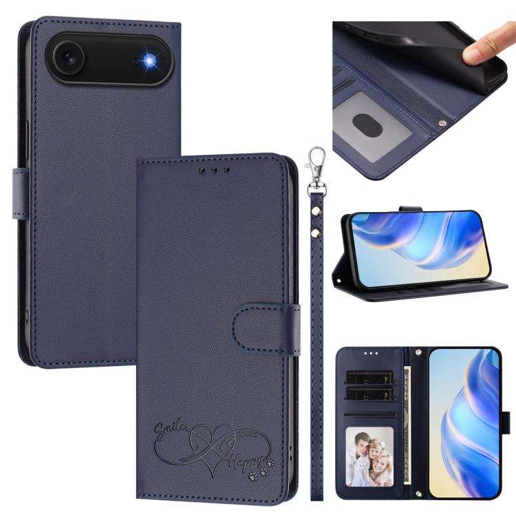 Custodia per telefono in ecopelle con chiusura magnetica e cinturino da polso, con motivo a cuoricini felici., For iPhone Air, For iPhone 16 Pro Max