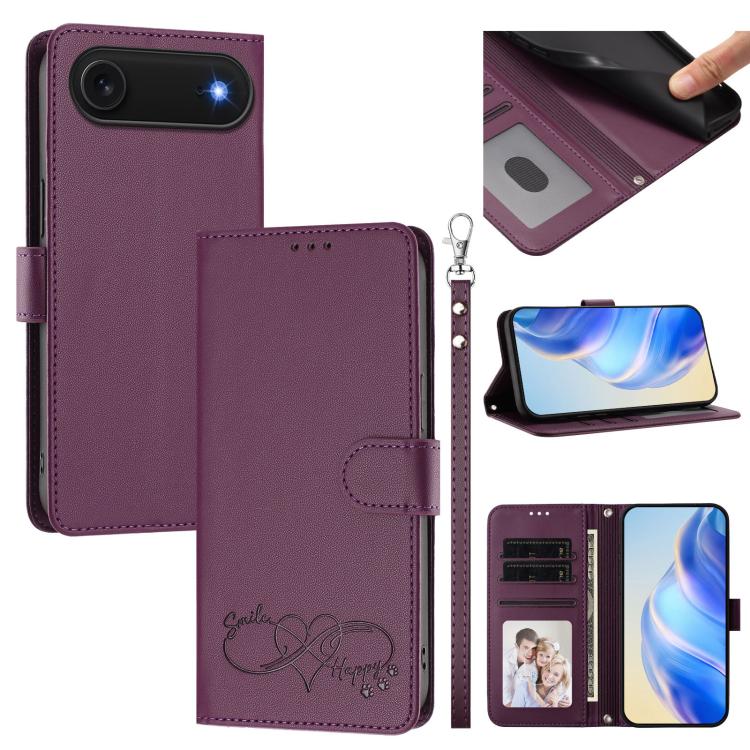Custodia per telefono in ecopelle con chiusura magnetica e cinturino da polso, con motivo a cuoricini felici., For iPhone Air, For iPhone 16 Pro Max