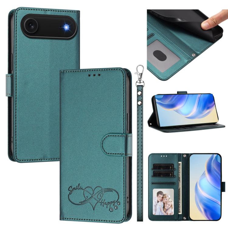Custodia per telefono in ecopelle con chiusura magnetica e cinturino da polso, con motivo a cuoricini felici., For iPhone Air, For iPhone 16 Pro Max