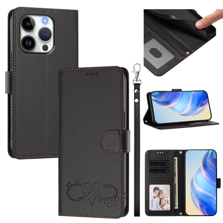 Custodia per telefono in ecopelle con chiusura magnetica e cinturino da polso, con motivo a cuoricini felici., For iPhone 16 Pro, For iPhone 16 Plus