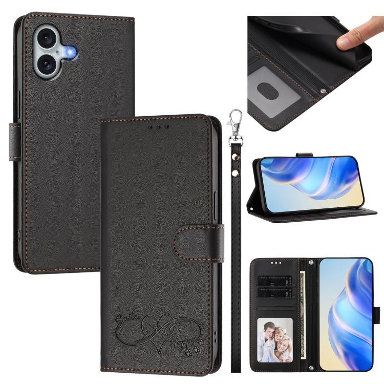 Custodia per telefono in ecopelle con chiusura magnetica e cinturino da polso, con motivo a cuoricini felici., For iPhone 16 Pro, For iPhone 16 Plus