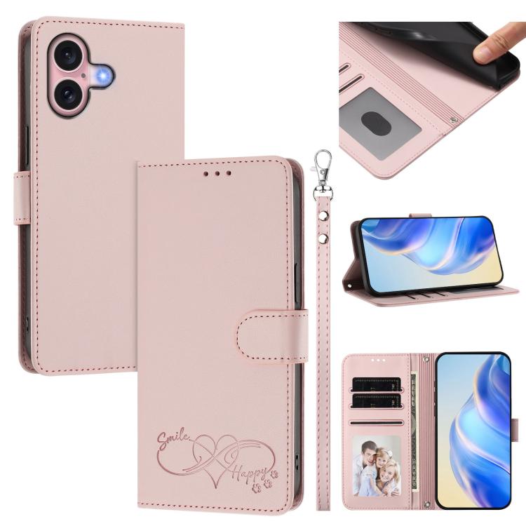Custodia per telefono in ecopelle con chiusura magnetica e cinturino da polso, con motivo a cuoricini felici., For iPhone 16, For iPhone 15 Pro Max
